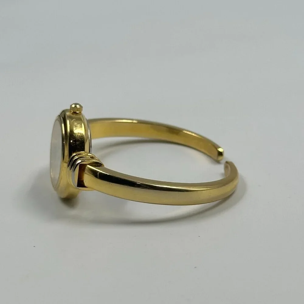 Christmas Tree Watch Women Gold Tone White Dial Hinged Cuff Band New Battery